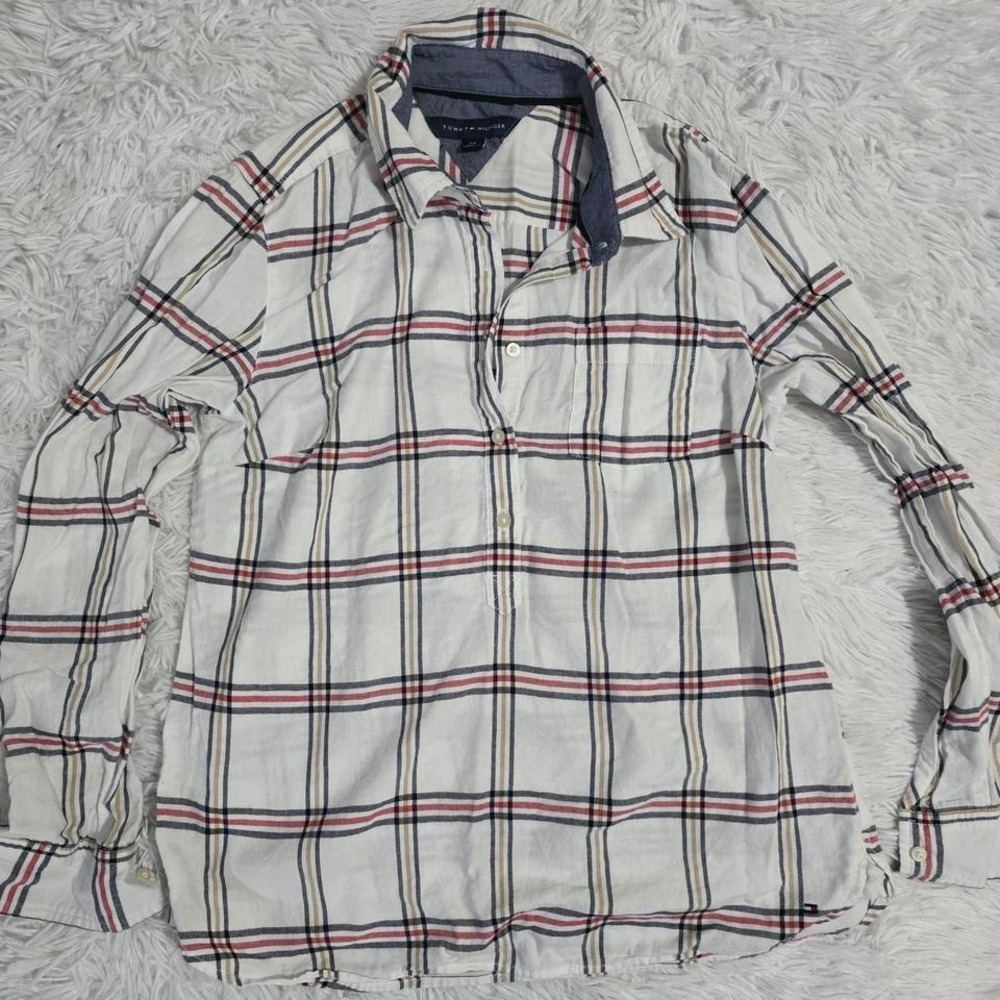 Tommy Hilfiger Womens Plaid Button Up Shirt Long Sleeve White Red Navy Small